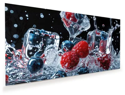 Produktbild von Glasbild 120x60cm in XXL für Wohnzimmer, Schlafzimmer Motiv Beeren Eiswürfel