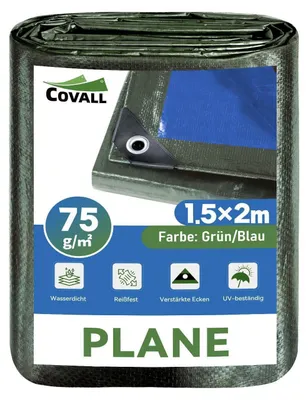Image de Bâche de protection 1,5 m x 2 m, en HDPE, 75 GSM, avec protection UV, œillets en acier inoxydable, résistante aux intempéries, de couleur verte/bleue