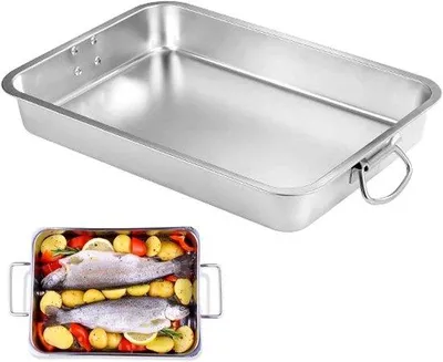 Produktbild von Rechteckige Ovenschaal mit Griffen und Backblech - Großes Format 40 x 30 cm - Edelstahl - Hitzebeständig - Backform für den Ofen - Silberfarben