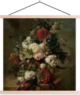 Produktbild von MuchoWow® Textilposter Stilleben mit Blumen - Gemälde von Harmanus Uppink 120x120 cm mit holzfarbenen Rahmen - Textil-Poster