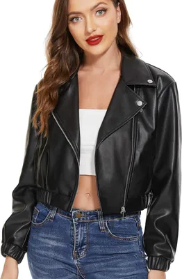 Produktbild von Damen-Lederjacke Biker Oversize Kurz Schwarz Ausgehjacke Zip-Up XL