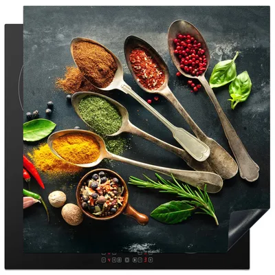 Obrázek produktu pro KitchenYeah® Krycí deska na sporák lžíce - bylinky - beton, 78x78cm, dekorace do kuchyně, keramická krycí deska na sporák, krycí deska na sporák
