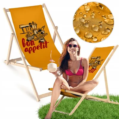 Produktbild von Liegestuhl klappbar aus Holz mit Schriftzug „Bon Appétit“ – Klappstuhl Klappliege Sonnenstuhl Strandstuhl Gartenliege