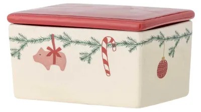 Zdjęcie produktu dla BLOOMINGVILLE | Słoik na masło świąteczne, biały, ceramika | Wymiary: 12,5 x 7 x 9,5 cm | 82062279