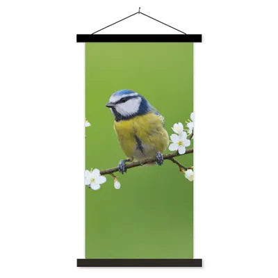 Produktbild von MuchoWow® Textilposter Blaumeise - Zweig - Blumen - Blühende Zweige - Vogel 90x180 cm mit schwarzem Rahmen - Dekoration Wohnzimmer