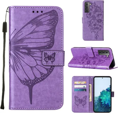 Produktbild von Galaxy S21+ Hülle, Schmetterling Prägung Flip Leder Kartenfächer Schutzhülle Ledertasche mit Ständer für Samsung Galaxy S21+ / S21 Plus 5G Violett