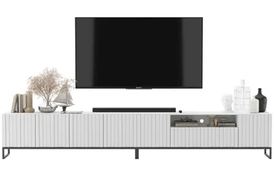 Zdjęcie produktu dla Komoda RTV Szafka RTV Glamour Biały MAT Połka RTV 300 cm Ryflowane fronty Czarne Ramy