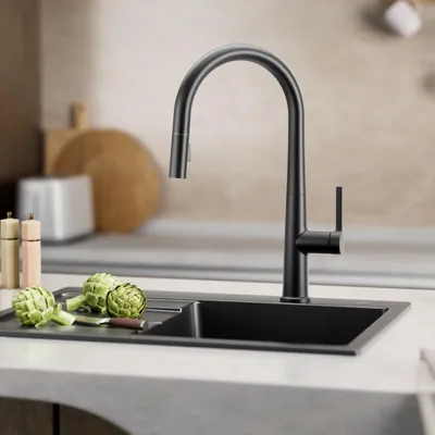 Produktbild von Wasserhahn Küche Ausziehbar, 2 Strahlarten Hochdruckarmatur Küchenarmatur, 360° Drehbar Spültischarmatur, Cecipa Mischbatterie Spüle, Schwarz