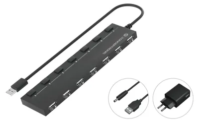 Produktbild von Conceptronic HUBBIES08BP 7-Port USB 2.0 Hub mit Netzteil, USB-A auf 7 × USB-A, 480 Mbit/s, USB-betrieben mit externem Netzteil, 90-cm-Kabel, USB 2.0, USB 2.0, 480 Mbit/s, Schwarz, China, 5 V