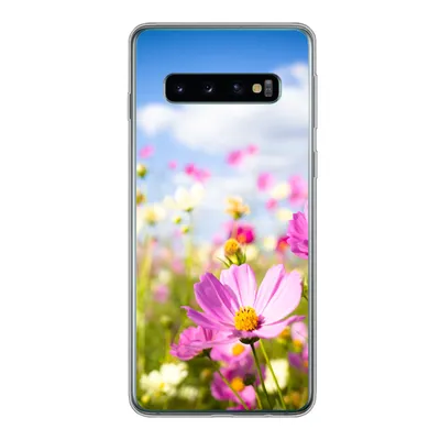 Produktbild von MuchoWow® Handyhülle Schutzhülle Hülle für Samsung Galaxy S10 Blumen - Wiese - Lila - Gras - Weiß - Wolken - Blau Silikon Softcase Handy Hülle - Handytasche