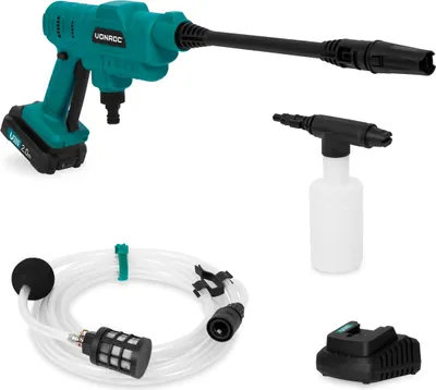 A collection of items for a cordless pressure washer, including the main unit, a foam cannon, a water intake hose, and a battery.