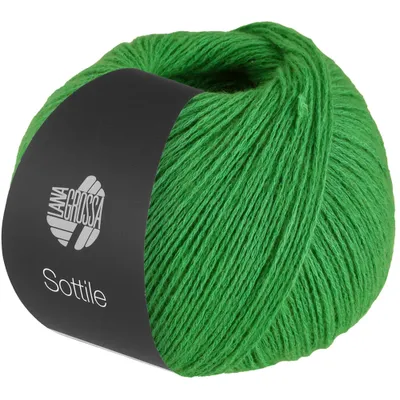 A ball of green yarn with a black label.