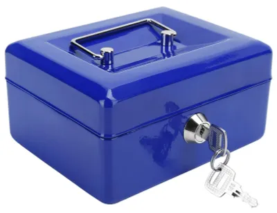 Produktbild von Geldkassette abschließbar - mit Schlüssel/Münzfach - 150x120x80 mm - Kleine Geldkassette Metall - Geldbox mit Schloss - Bargeld Tresor - Blau