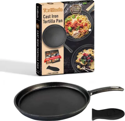 A product box for a cast iron tortilla pan, with a separate image of the pan and a pan holder below.