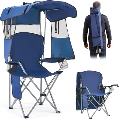 Image de Chaise de camping VEVOR Chaise pliante pouvant supporter jusqu'à 150 kg, chaise de pêche avec pare-soleil et pochette pour magazines, chaise pliante avec 2 porte-boissons, pour les activités de plein air, la pêche, les pique-niques, le camping, bleu foncé