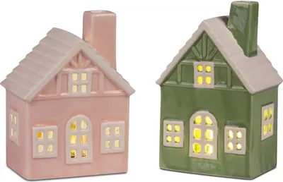 Produktbild von 2er Set LED Dekoobjekte Häuser H. 16cm rosa + grün aus Porzellan Formano F26