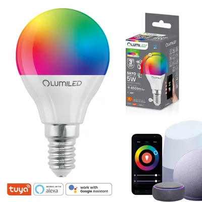 A smart LED light bulb with a colorful display, its packaging, and smart home devices.
