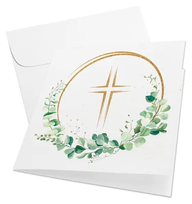 Produktbild von 10 Klappkarten Kreuz Eukalyptus mit Kuvert Einladung 15x15cm
