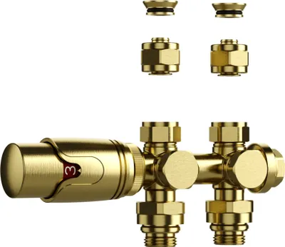 A set of brass radiator valves and fittings against a white background.