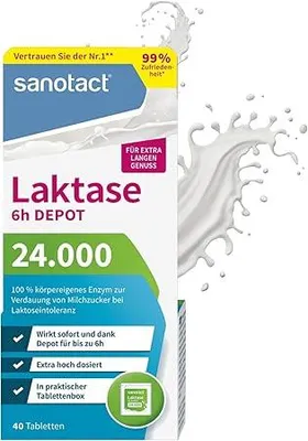Produktbild von sanotact Laktase 24.000 6h DEPOT (6 x 40 Laktasetabletten) - Laktose Tabletten mit Depot-Wirkung - Bei Laktoseintoleranz & Milchunverträglichkeit
