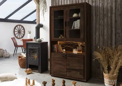 Produktbild von MASSIVMOEBEL24 Vitrine Akazie 98x40x180 dunkelbraun lackiert BARK #209