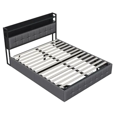Obrázok produktu pre Čalúnená posteľ UnboxG LED 160X200 cm, posteľ s veľkým úložným priestorom a lamelovým roštom, rám postele s kovovou skriňovou pružinou, čalúnené čelo s poličkou a pripojením na nabíjanie USB, sivá