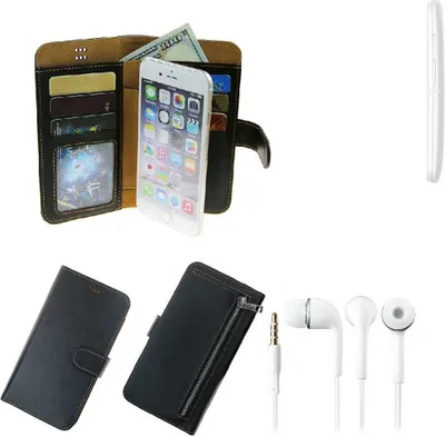 Produktbild von TOP SET Handy Hülle Schutz Hülle kompatibel mit Motorola Moto E  schwarz aus Kunstleder + Kopfhörer Smartphone Tasche vollwertige Geldbörse
