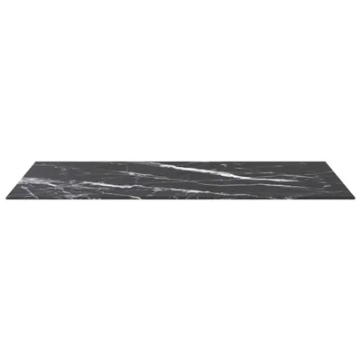 A black marble-patterned glass tabletop is shown from a slightly elevated side angle against a white background.
