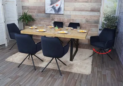 Zdjęcie produktu dla zestaw 6 krzeseł do jadalni HWC-G67, podłokietnik krzesła kuchennego, automatyczna pozycja obrotowa, aksamit MVG ~ antracytowo-niebieski, czarne nogi