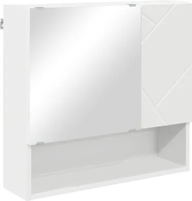 A white mirrored cabinet mounted on a wall, with an open door revealing a shelf.