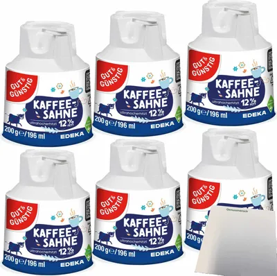 Produktbild von Gut & Günstig Kaffeesahnekännchen 12% Fett Kaffee-Sahne wiederverschließbar 6er Pack (6x200g) + usy Block