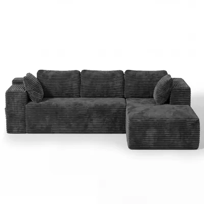 Produktbild von Ecksofa BEALIFE 250x136x40 cm mit Cord-Bezug & Kaltschaum | L-Form, Recamiere rechts | Für 3-4 Personen, inkl. Kissen & Seitentasche | Dunkelgrau AR43