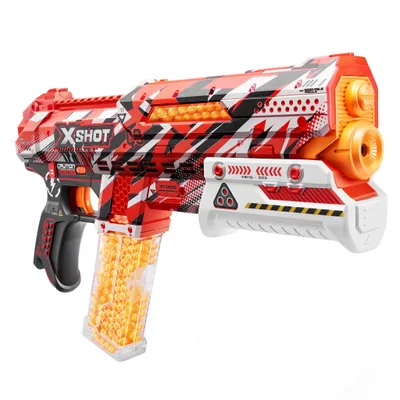 A red, white, and black X-Shot Hyper Gel Clutch Blaster with a clear magazine filled with orange gel balls, set against a white background.