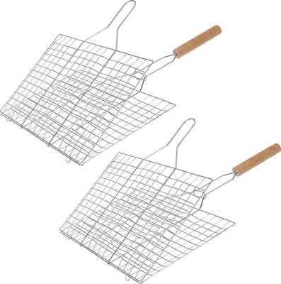 Produktbild von 2er Set BBQ Grillguthalter Grillkorb Grillhalter Grillgut Fleisch Fisch Würstchen Gemüse Halter Grillgitter Stahl Verchromt