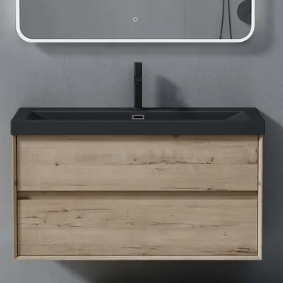 Image de doporro Meuble de Salle de Bains Chêne Blanc Clair Ensemble de 2 Pièces Meuble avec Lavabo Meuble sous-lavabo Suspendu 100cm avec Soft-close Design Rimo