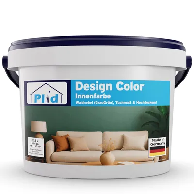 Produktbild von Plid Design Innenfarbe Matt Grün 2.5L für ca. 18 m² [HOHE DECKKRAFT] Designcolor Wandfarbe - Innenfarbe "Waldnebel" in Profi Qualität - Innenfarbe