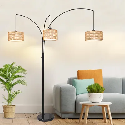 Produktbild von 180cm Rattan Stehlampe Boho Stehleuchte mit 3 Lampenschirm Höhenverstellbar Standleuchte für Schlafzimmer Wohnzimmer Büro