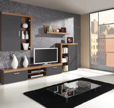 Produktbild von Wohnwand Schrankwand 4 tlg. YORK Zwetschke-Grafit mit LED-Beleuchtung