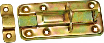 A metal door bolt and its catch are shown against a white background.