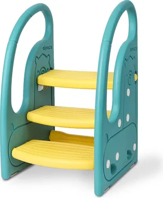 A three-step stool for children with handles, decorated with cartoon alpaca designs.