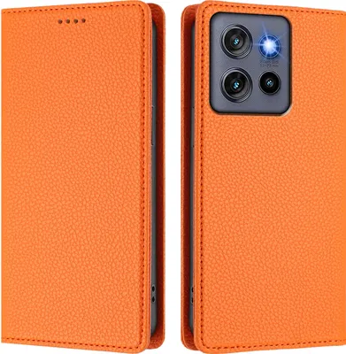 Produktbild von Litchi Leder Handyhülle für Motorola Edge 50 Neo Wallet Kartenfächer Standfunktion Hülle Orange