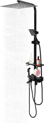 A black shower system with a large square showerhead, a handheld showerhead, and shelves for toiletries.