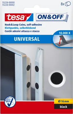 Produktbild von tesa On & Off selbstklebende Klettpunkte, schwarz, Ø16 mm, 8 Stück