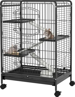 Image de PawHut Cage pour rongeurs cage pour Petits Animaux Roulante 3 Rampes 3 Plates-formes Plat et Bouteille d'Eau Bac Inférieur Amovible pour lapin vison d'animaux chinchilla Acier PP 61,5x44x95cm Noire