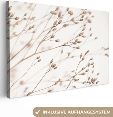 Produktbild von OneMillionCanvasses® - Leinwandbilder - 150x100 cm, Natur - Pflanzen - Zweig - Weiß - Braun - Trockenblumen, Wandbilder Kunstdruck Wanddekoration - Foto auf Leinwand - Gemälde auf