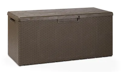 A brown plastic storage box with a textured surface and a slatted lid.