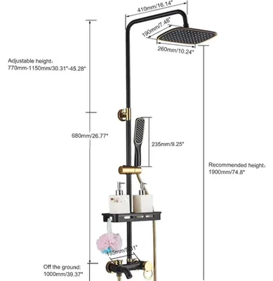 Produktbild von Duschset Badezimmer - 3 Funktionen Regendusche & Handbrause - Wandmontage Mischbatterie - Seifenablage - Messing
