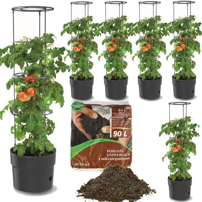 Obrázok produktu pre 6x Rajčiak z plastového kvetináča 18 l + univerzálna zemina 90 l 4 v 1 substrát s mikroorganizmami pre zeleninu, pestovateľ paradajok, kvetináč na paradajky, sadba, zelenina, podložka pod paradajky