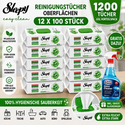 Obrázek produktu pro Čisticí ubrousky Sleepy Easy Clean – 12 x 100 ks, vůně borovice + čistič na sklo