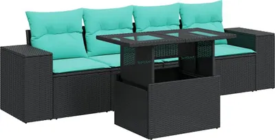 Produktbild von 5tlg. Garten-Sofagarnitur mit Kissen Schwarz Poly Rattan Akazie